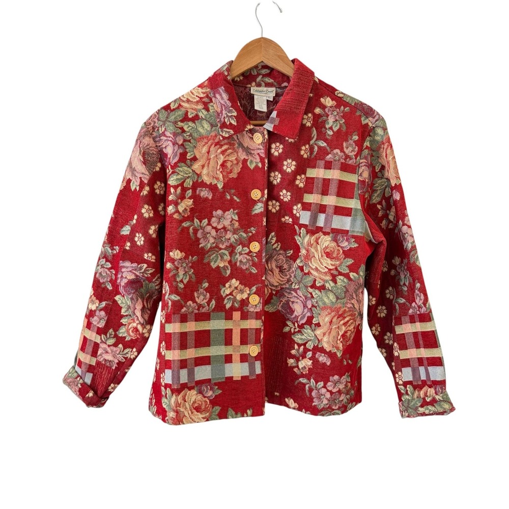 Coldwater Creek Floral Tapestry Jacket Womens L Red Patchwork Boho Art To Wear